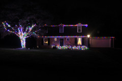 Elegant roofline lighting paired with bushes and a tree wrapped in multi color  lights for a balanced holiday design.